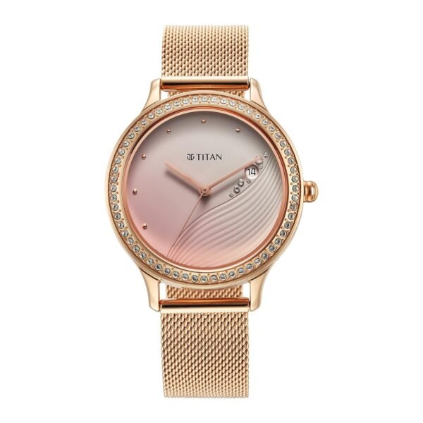 Titan Purple Glam It Up Quartz Analog with Date Pink Dial Rose Gold Stainless Steel Strap Watch for Women - NT2634WM05