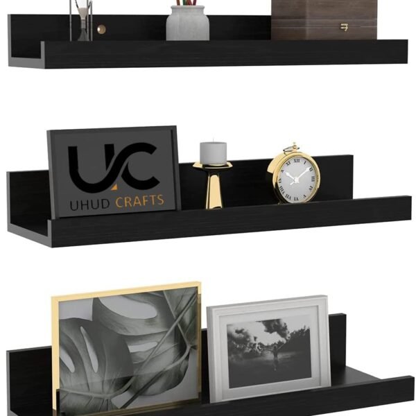UHUD CRAFTS Floating Engineered Wood Wall Shelf, Wall Mounted Storage Shelf for Home Decoration Items Set of 3 for Living Room, Office, Bedroom, Bathroom for Showcase Decor Items - Black