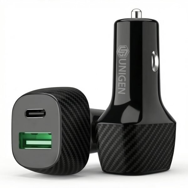 Unigen Dual Port Car Charger (75W) (USB-C PD + USB QC 3.0), Compact Metal Car Charging Adapter Compatible with iPhone, Android Smartphones, Earbuds, Smartwatch & Power Bank (Black)