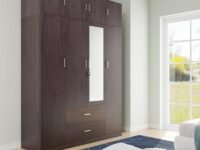 VIKI Wardrobe | Wooden Almirah for Clothes,Door for Bedroom with Loft, 4 Door Wardrobe with Drawer, Mirror & Hanging Space (Dark Wenge - 40D x 160W x 220H) | 1 Year Warranty | Free Assembly