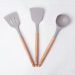 Vasukie Silicone Spatula Set – Kitchen Tools Utensils Wooden Nonstick Pan Spoons, Spoon for Cooking Baking Items, All Small Mini Rubber Cookware Products Tool Brush, Dosa Icing Pot 3PC Set Grey