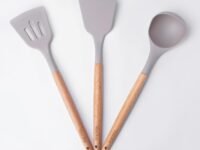 Vasukie Silicone Spatula Set – Kitchen Tools Utensils Wooden Nonstick Pan Spoons, Spoon for Cooking Baking Items, All Small Mini Rubber Cookware Products Tool Brush, Dosa Icing Pot 3PC Set Grey