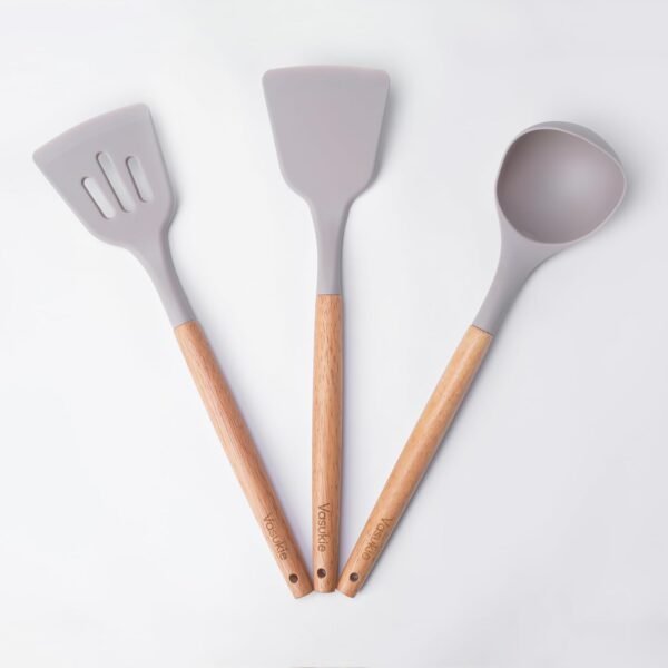 Vasukie Silicone Spatula Set – Kitchen Tools Utensils Wooden Nonstick Pan Spoons, Spoon for Cooking Baking Items, All Small Mini Rubber Cookware Products Tool Brush, Dosa Icing Pot 3PC Set Grey