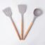 Vasukie Silicone Spatula Set – Kitchen Tools Utensils Wooden Nonstick Pan Spoons, Spoon for Cooking Baking Items, All Small Mini Rubber Cookware Products Tool Brush, Dosa Icing Pot 3PC Set Grey