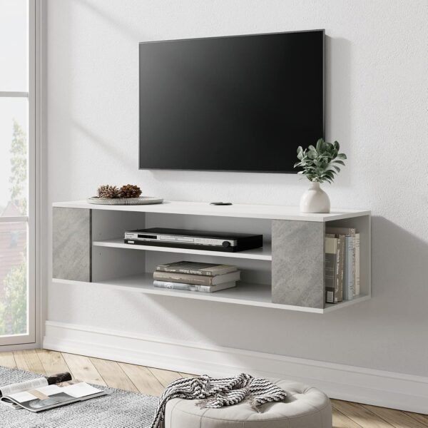 WAMPAT White Floating TV Stand Wall Mounted, Floating TV Shelf Entertainment Center Media Console TV Cabinet Wood Storage Hutch Under TV for Living Room,Grey White,39.4 Inch