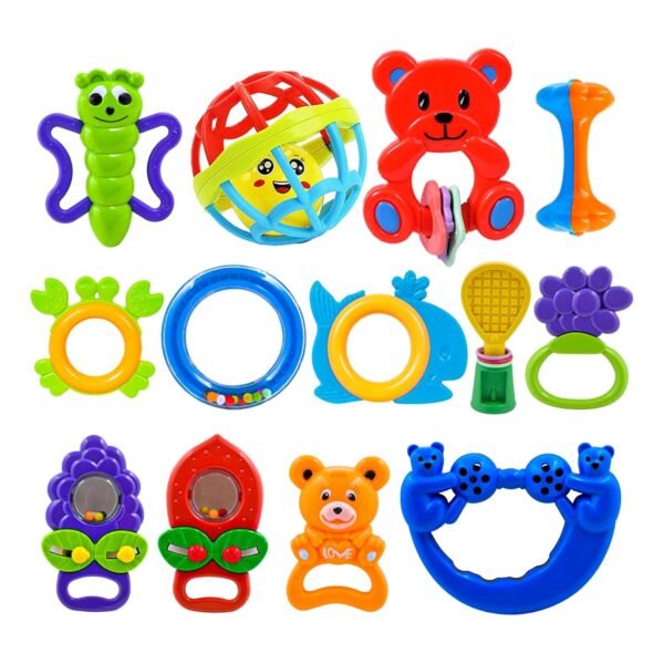 WISHKEY Plastic Colorful Non Toxic BPA Free Shake & Grab Rattles and Soothing Teethers for Babies & Infants, Early Age Toys for Kids (Pack of 13, Multicolor)