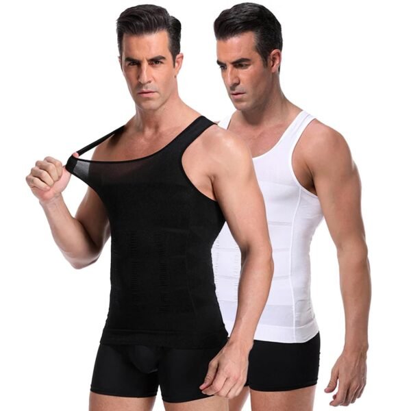 Wearslim Men Compression Shirt For Workout Vest Abs Abdomen Slim Body Shaper Undershirt Slimming Shirt to Hide Gynecomastia Stretchable Tummy Tucker Vest - Pack of 2 - (Black & White)
