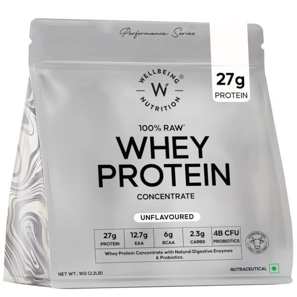 Wellbeing Nutrition Clean Whey Protein Concentrate 1kg Unflavoured | 27g Protein, 6g BCAA | 4B CFU Probiotics & Digestive Enzymes | Fast Absorbing, No Bloating, Easy to Digest | Faster Muscle Recovery