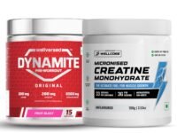 Wellcore Creatine (Unflavoured) + Dynamite Preworkout (Fruit Blast, 15 Servings) | Strength & Energy Combo