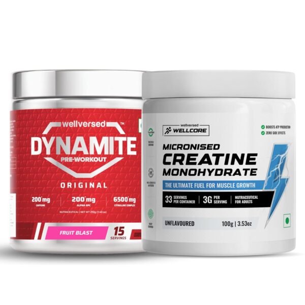 Wellcore Creatine (Unflavoured) + Dynamite Preworkout (Fruit Blast, 15 Servings) | Strength & Energy Combo
