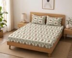 LOOMLYFE 300 TC Cotton Feel Glace Cotton Elastic Fitted Printed King Size Double Bed Bedsheet with 2 Pillow Covers Fits Upto 8 inches Mattress, Size- 72X78 Inches, BeigeJaipuri