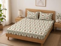LOOMLYFE 300 TC Cotton Feel Glace Cotton Elastic Fitted Printed King Size Double Bed Bedsheet with 2 Pillow Covers Fits Upto 8 inches Mattress, Size- 72X78 Inches, BeigeJaipuri
