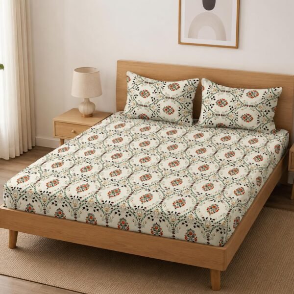 LOOMLYFE 300 TC Cotton Feel Glace Cotton Elastic Fitted Printed King Size Double Bed Bedsheet with 2 Pillow Covers Fits Upto 8 inches Mattress, Size- 72X78 Inches, BeigeJaipuri