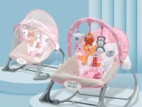 INFANTSO Baby Rocker & Bouncer for 0 to 2 Years (Pink), Portable Rocker for Newborn with Mosquito Net, Calming Vibrations, Soft Music & 3 Hanging Toys, 5-Point Safety Harness