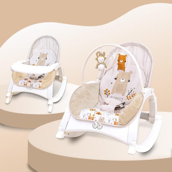 INFANTSO Baby Rocker & Bouncer for 0 to 2 Years (Beige), Chair for Newborn with Calming Vibrations, Music & Toys with Feeding Tray