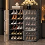 AYSIS Premium Foldable Plastic Shoe Rack for Home, 𝟔 𝐃𝐨𝐨𝐫 𝟏𝟐 𝐒𝐡𝐞𝐥𝐟 Shoe Cabinet, Dustproof & Waterproof Organizer, Portable Space Saving Storage for Entryway, Bedroom & Living Room, Black