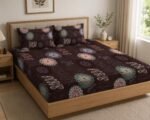 LOOMLYFE 300 TC Cotton Feel Glace Cotton Elastic Fitted Printed King Size Double Bed Bedsheet with 2 Pillow Covers Fits Upto 8 inches Mattress, Size- 72X78 Inches, Circle Brown