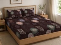 LOOMLYFE 300 TC Cotton Feel Glace Cotton Elastic Fitted Printed King Size Double Bed Bedsheet with 2 Pillow Covers Fits Upto 8 inches Mattress, Size- 72X78 Inches, Circle Brown