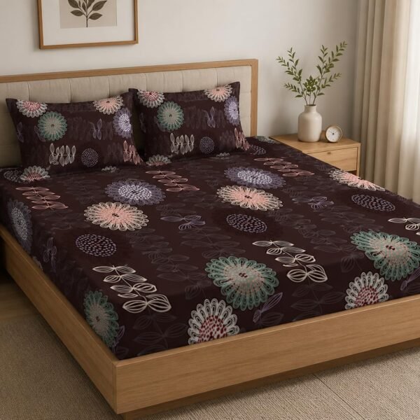 LOOMLYFE 300 TC Cotton Feel Glace Cotton Elastic Fitted Printed King Size Double Bed Bedsheet with 2 Pillow Covers Fits Upto 8 inches Mattress, Size- 72X78 Inches, Circle Brown