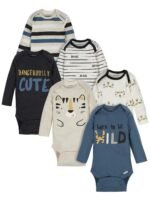 ONESIES Brand Baby Bodysuits 6-Pack Long Sleeve Soft Cotton | Six assorted long-sleeve bodysuits in soft cotton fabric - breathable and gentle against baby's delicate skin.