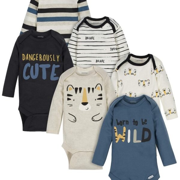 ONESIES Brand Baby Bodysuits 6-Pack Long Sleeve Soft Cotton | Six assorted long-sleeve bodysuits in soft cotton fabric - breathable and gentle against baby's delicate skin.