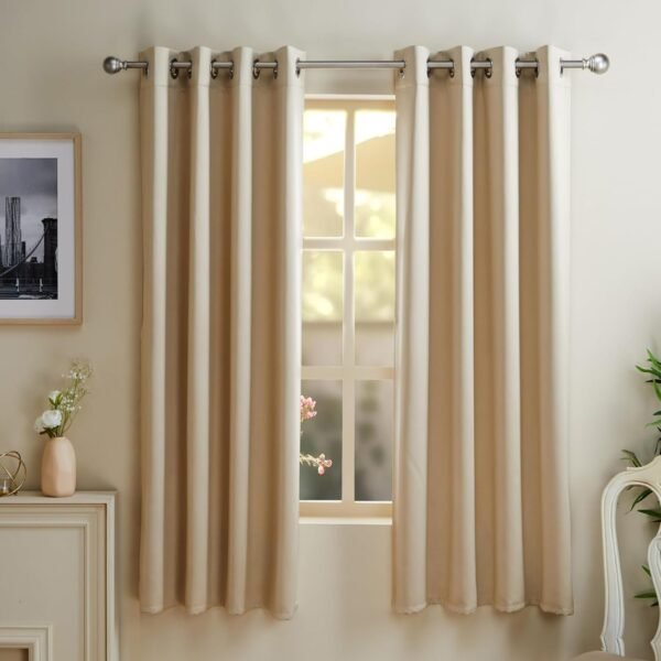 amazon basics 100% Room Darkening Blackout Window Curtains – Set of 2, Plain Design for Bedroom and Living Room, 5 Feet, Cream