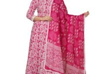 MEERA FAB Women's Cotton Printed Anarkali Kurta with Palazzo & Dupatta Set