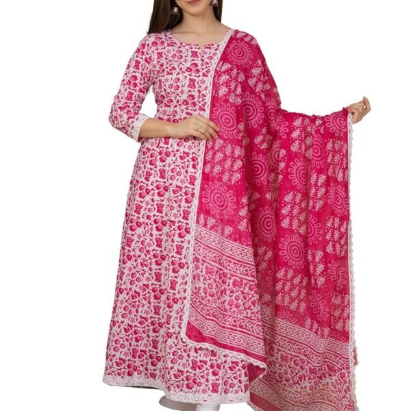 MEERA FAB Women's Cotton Printed Anarkali Kurta with Palazzo & Dupatta Set