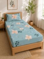 LOOMLYFE 300 TC Cotton Feel Glace Elastic Fitted Printed Single Bed Bedsheet with 1 Pillow Cover Fits Upto 6 Inches Mattress,Size- 42X75X8 Inches, Skypeachflower