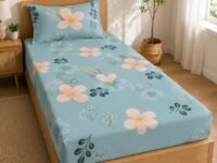 LOOMLYFE 300 TC Cotton Feel Glace Elastic Fitted Printed Single Bed Bedsheet with 1 Pillow Cover Fits Upto 6 Inches Mattress,Size- 42X75X8 Inches, Skypeachflower