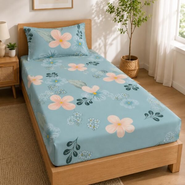 LOOMLYFE 300 TC Cotton Feel Glace Elastic Fitted Printed Single Bed Bedsheet with 1 Pillow Cover Fits Upto 6 Inches Mattress,Size- 42X75X8 Inches, Skypeachflower