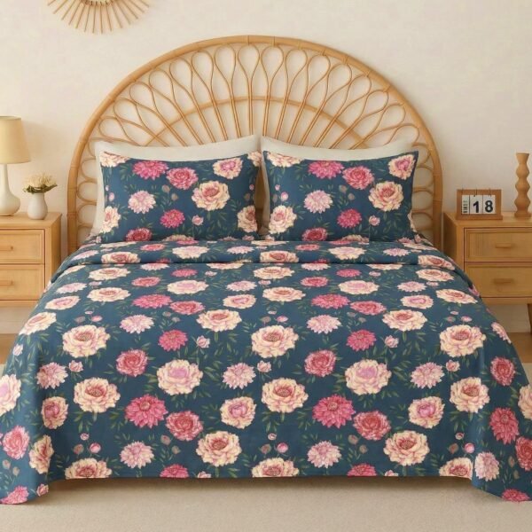 VAS COLLECTIONS Cloud Cotton Double Bedsheet 180 TC | Soft & Breathable Cotton Bedding Set with 2 Pillow Covers | Elegant Floral Printed Bed Sheet for Bedroom & Home | 90 x 90 Inches (Midnight Bloom)