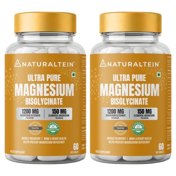 Naturaltein Magnesium Glycinate 1200mg (150mg Elemental) | Chelated High Absorption Magnesium Supports Sleep Quality & Muscle Relaxation | Glyphosate Tested | 120 Tablets