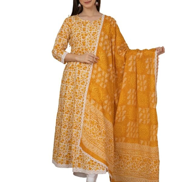 MEERA FAB Women's Cotton Printed Anarkali Kurta with Palazzo & Dupatta Set