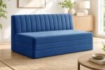 3-Seater Foldable Floor Sofa Bed with, Modern Velvet Fabric Folding Couch for Living Room, Guest Room & Small Spaces-Blue