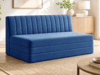 3-Seater Foldable Floor Sofa Bed with, Modern Velvet Fabric Folding Couch for Living Room, Guest Room & Small Spaces-Blue