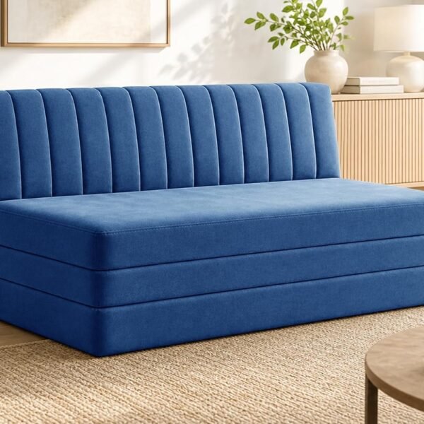3-Seater Foldable Floor Sofa Bed with, Modern Velvet Fabric Folding Couch for Living Room, Guest Room & Small Spaces-Blue