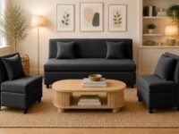 3+1+1 Modern Velvet Fabric Sofa Set for Living Room | Three Seater Sofa with 2 Single Seater Chairs | for Home, Office| Black