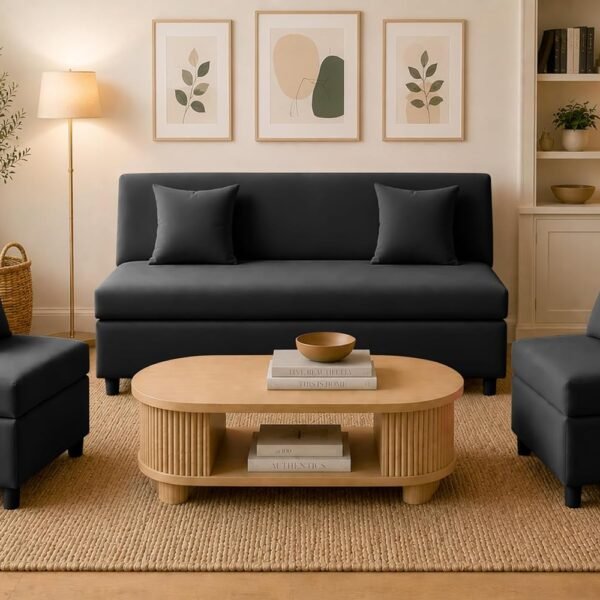 3+1+1 Modern Velvet Fabric Sofa Set for Living Room | Three Seater Sofa with 2 Single Seater Chairs | for Home, Office| Black