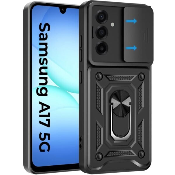 A rtistque Armor Bumper Back Case Cover for Samsung Galaxy A17 5G / F17/ M17 | Stylish Ring Holder & Inbuilt Stand | Sliding Camera Cover | Shockproof | Stylish Design | Samsung A17 Back Cover - Black
