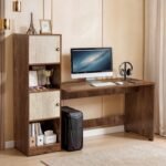 ABOUT SPACE Study Table with Cabinet - Computer Table with 2 Open, 2 Closed Storage Space DIY Engineered Wood Office Desk for PC Laptop Gaming (Beige & Walnut - L 158.5 x B 56 x H 146.5cm)
