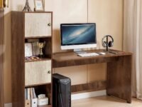 ABOUT SPACE Study Table with Cabinet - Computer Table with 2 Open, 2 Closed Storage Space DIY Engineered Wood Office Desk for PC Laptop Gaming (Beige & Walnut - L 158.5 x B 56 x H 146.5cm)