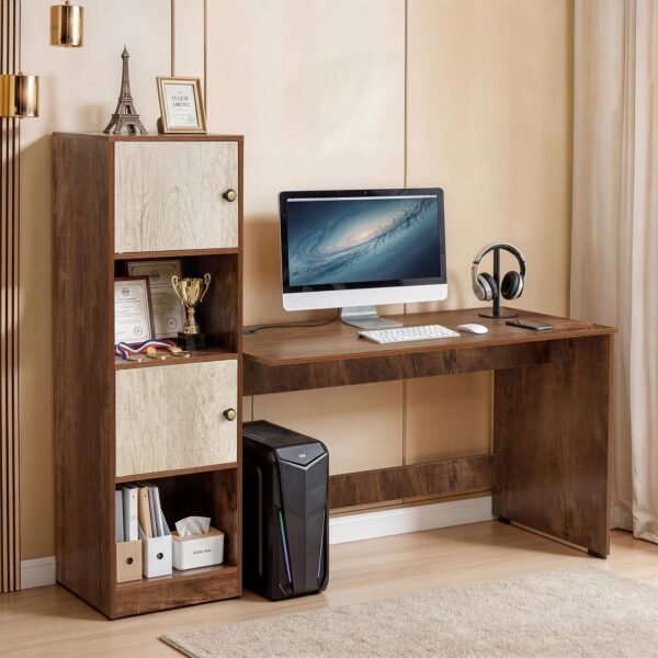 ABOUT SPACE Study Table with Cabinet - Computer Table with 2 Open, 2 Closed Storage Space DIY Engineered Wood Office Desk for PC Laptop Gaming (Beige & Walnut - L 158.5 x B 56 x H 146.5cm)