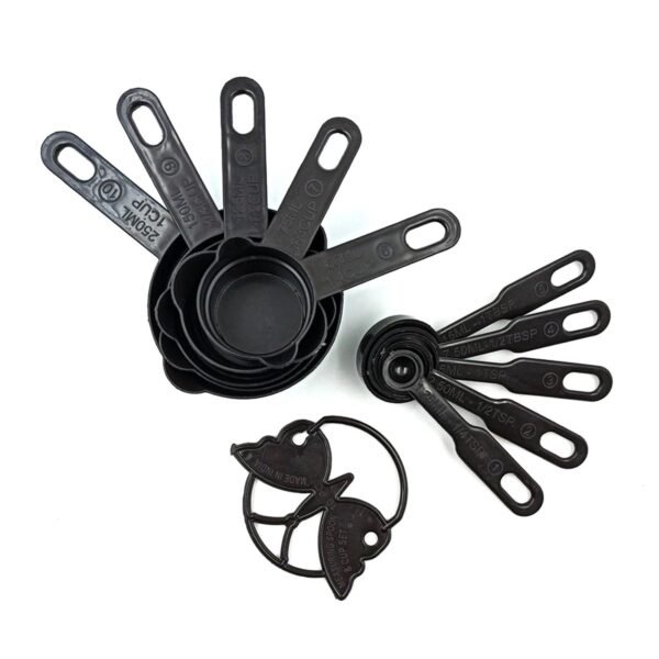 ATEVON Plastic Measuring Cups and Spoons (10 PCS, Black) with Butterfly Shape Holder
