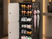 AYSIS Premium Foldable Plastic Shoe Rack for Home, 𝟐 𝐃𝐨𝐨𝐫 𝟔 𝐒𝐡𝐞𝐥𝐟 Shoe Cabinet, Waterproof Organizer, Portable Space Saving Storage for Entryway, Bedroom & Living Room, Black&White