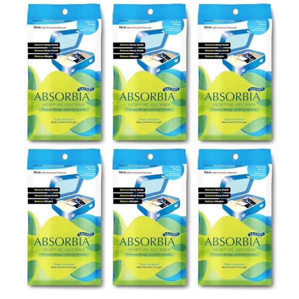 Absorbia Moisture Absorber | Absorbia Sachet with Activated Charcoal(100gms X6 Sachet) - Pack of 6 |Absorbs 200ml Each Sachet | Dehumidier for Bags, Suitcases & Drawers | Fights Moisture,Musty smells etc