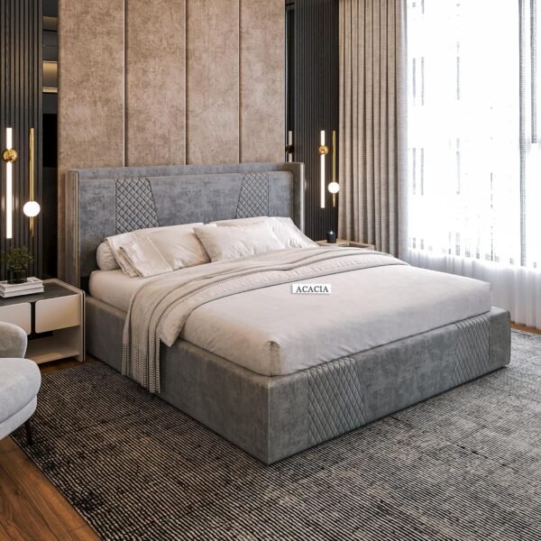 Acacia Modern Upholstered Bed Queen Size with Storage for Bedroom | Wooden Platform Double Cot Queen Size Bed with Box Storage for Hotels | Upholstery Premium Fabric | 6.5 x 5 Ft | Sheesham Wood, Mine