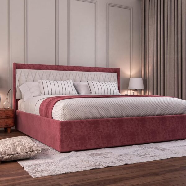 Acacia Modern Upholstered Queen Size Bed with Box Storage for Bedroom | Wooden Double Bed with Storage | Platform Cot Bed with Upholstery Premium Fabric | 6.5 x 5 Ft | Sheesham Solid Wood (Rosedust)