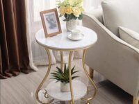 Alenz The Craft Round End Table, Wooden Top Side Table for Living Room, Gold Nightstand for Bedroom with 2 Layers of Storage Accent for Balcony and Office etc [White Gold]