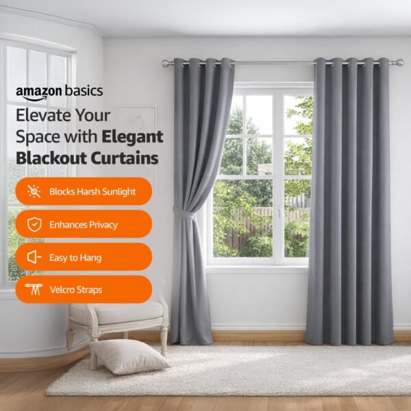 Amazon Basics - Room Darkening Blackout Door Curtains, 100% Room Darkening | 9 Feet |Set of 2| Plain Design | for Living Room and Bedroom | 115cmx274cm, Color- Grey